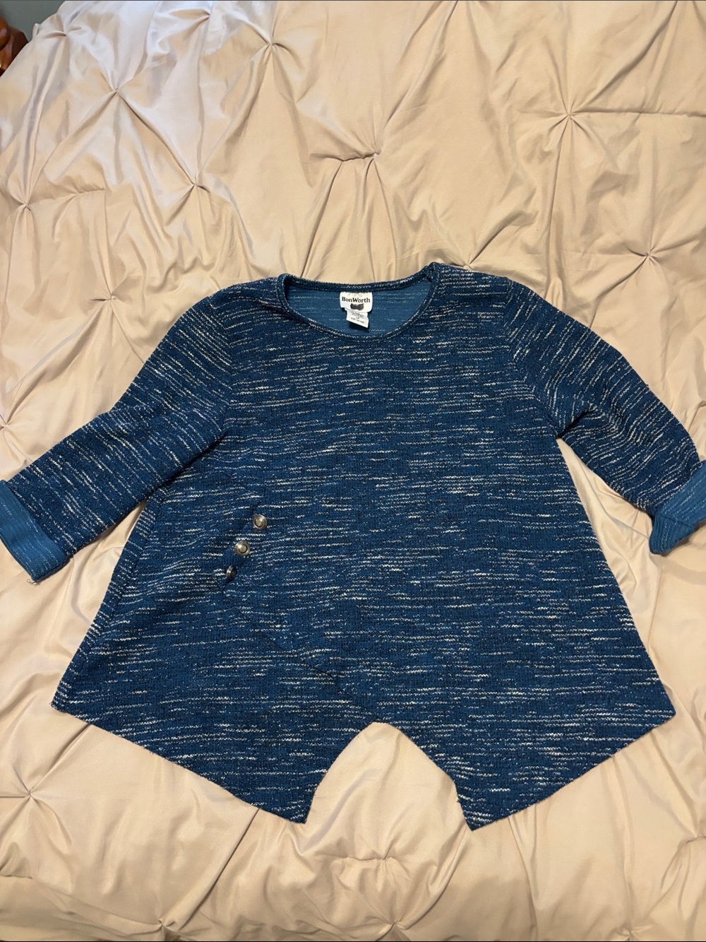 Bon Worth blue marled knit asymmetrical women’s top